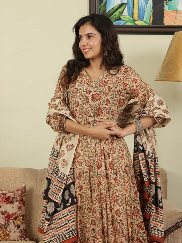HAND BLACK PRINTED CREAM ANARKALI SET