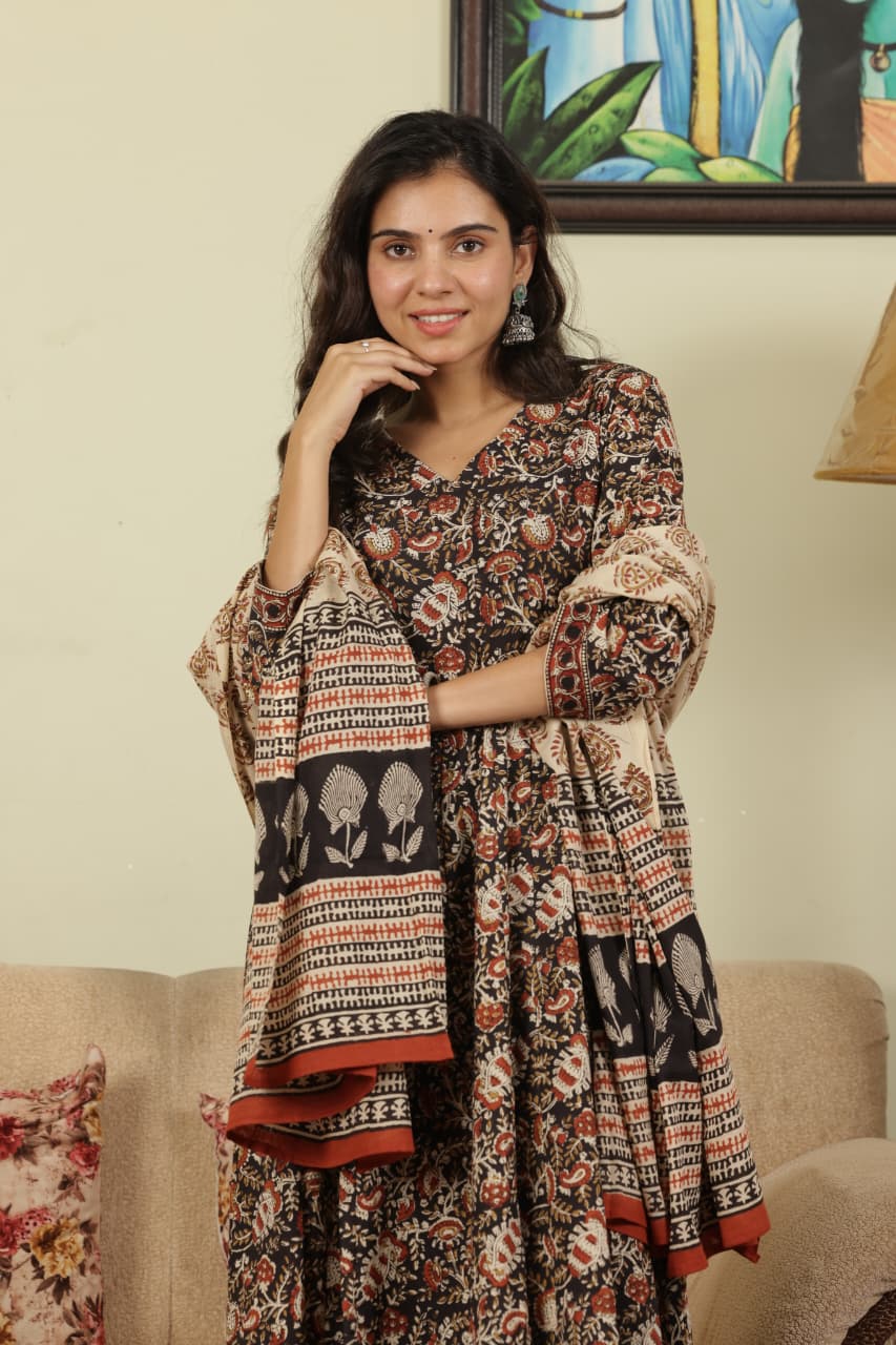 HAND BLOCK PRINTED BLACK ANARKALI SET