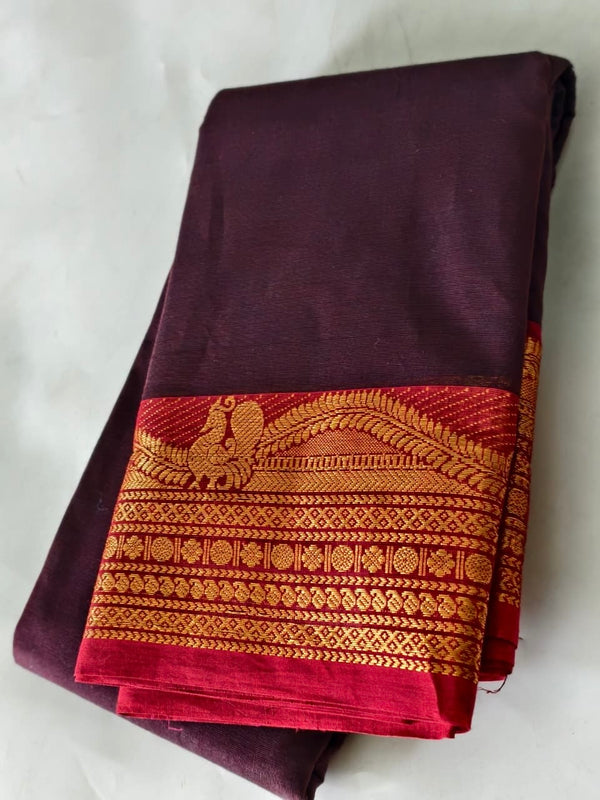 KANCHI COTTON SAREE WITH CONTRAST RED ZARI BORDER