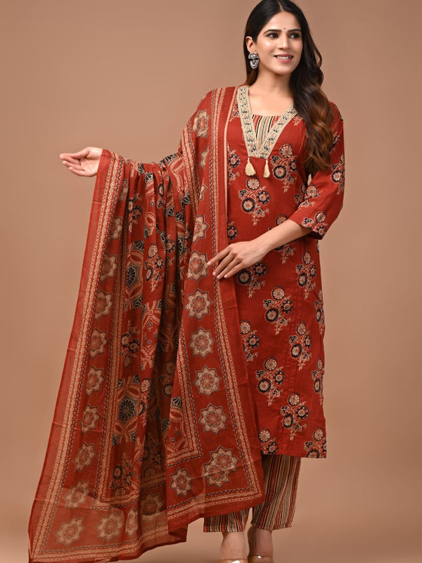 MAROON HAND BLOCK PRINTED SUIT WITH DUPATTA