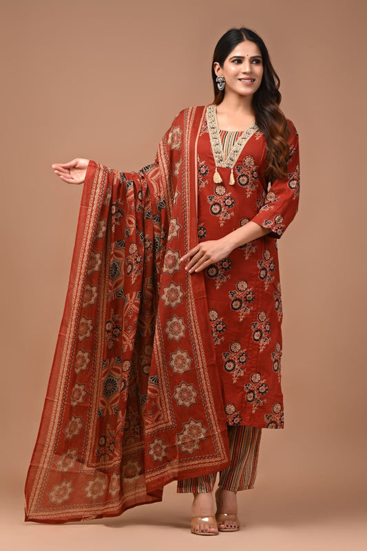 MAROON HAND BLOCK PRINTED SUIT WITH DUPATTA