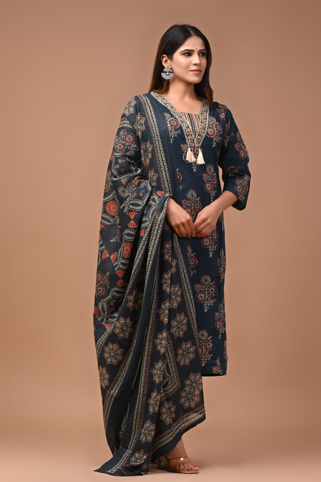 INDIGO  HAND BLOCK PRINTED COTTON SUIT WITH DUPATTA