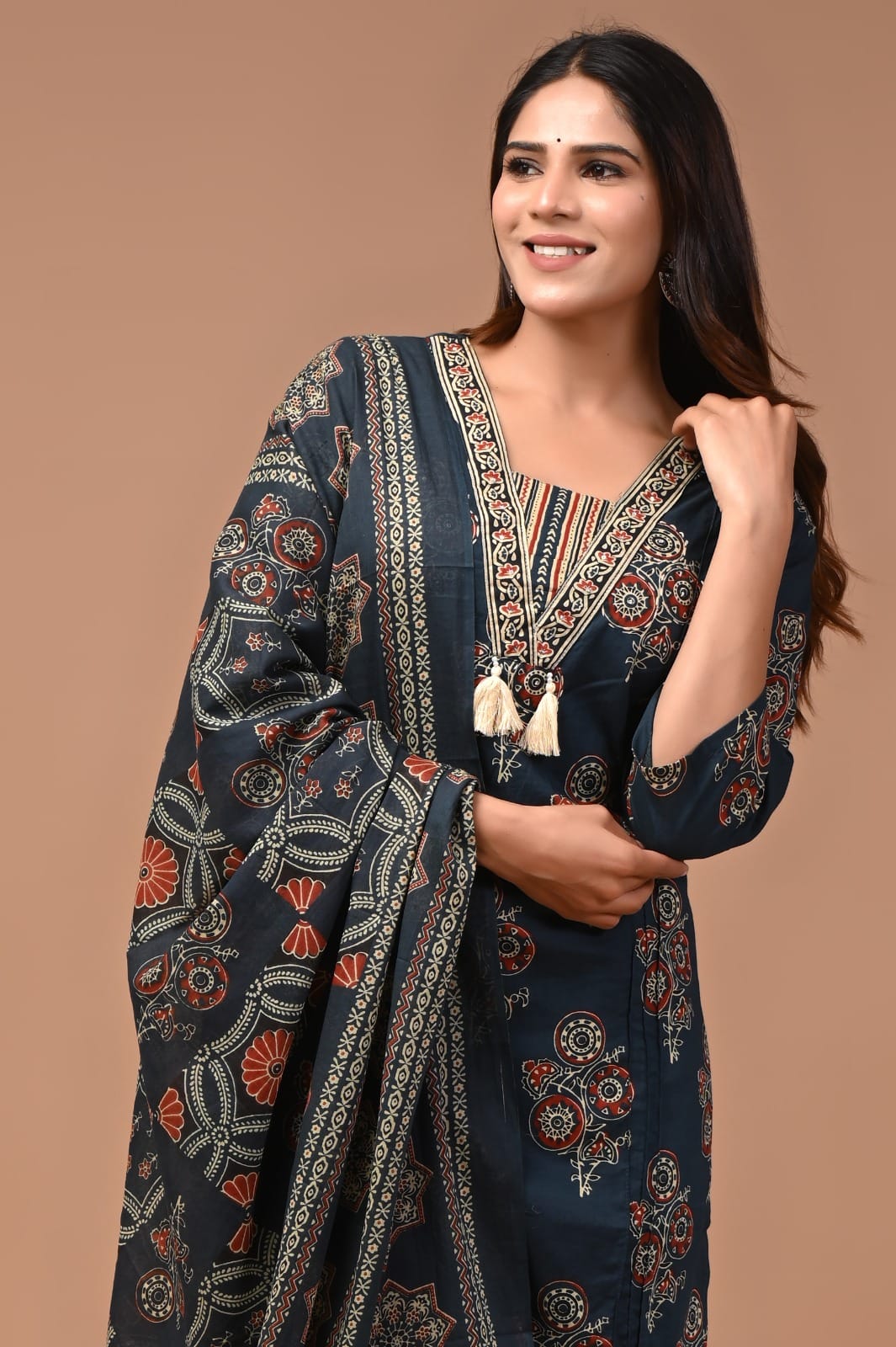 INDIGO  HAND BLOCK PRINTED COTTON SUIT WITH DUPATTA