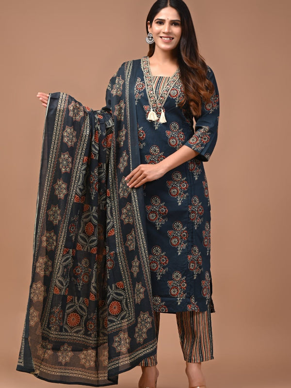 INDIGO  HAND BLOCK PRINTED COTTON SUIT WITH DUPATTA