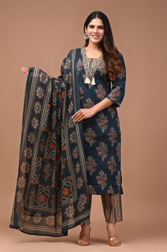 INDIGO  HAND BLOCK PRINTED COTTON SUIT WITH DUPATTA