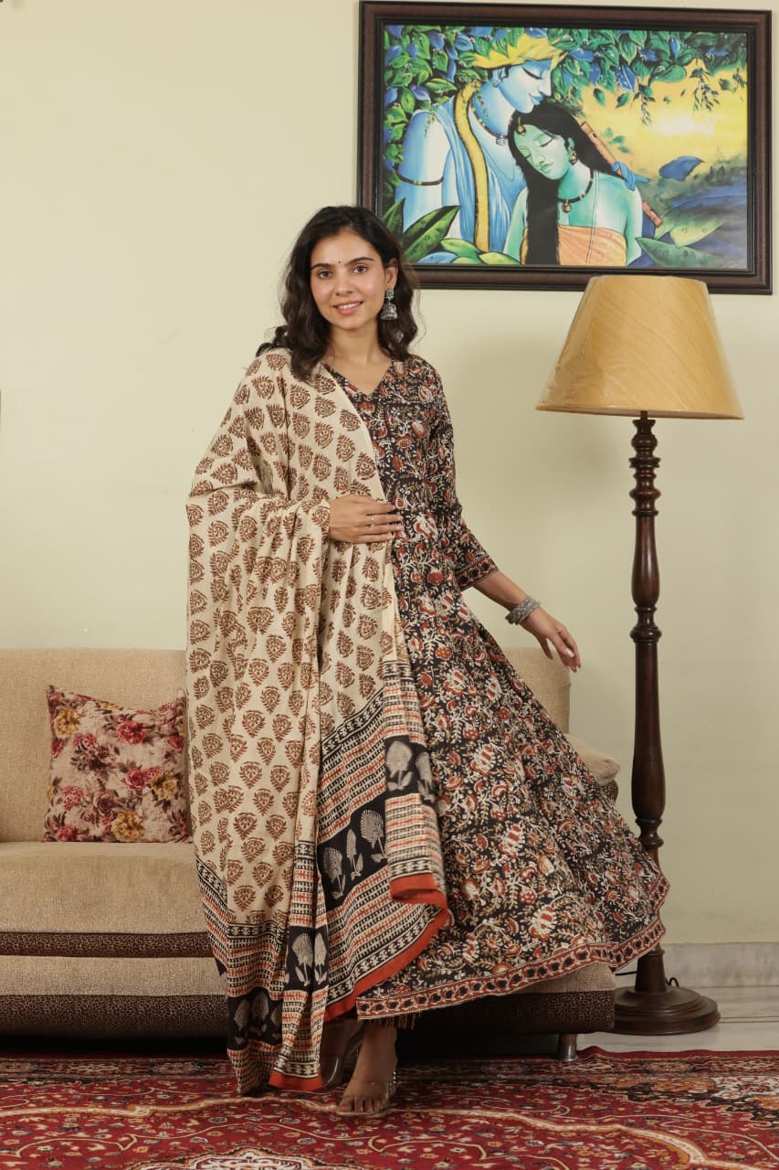 HAND BLOCK PRINTED BLACK ANARKALI SET